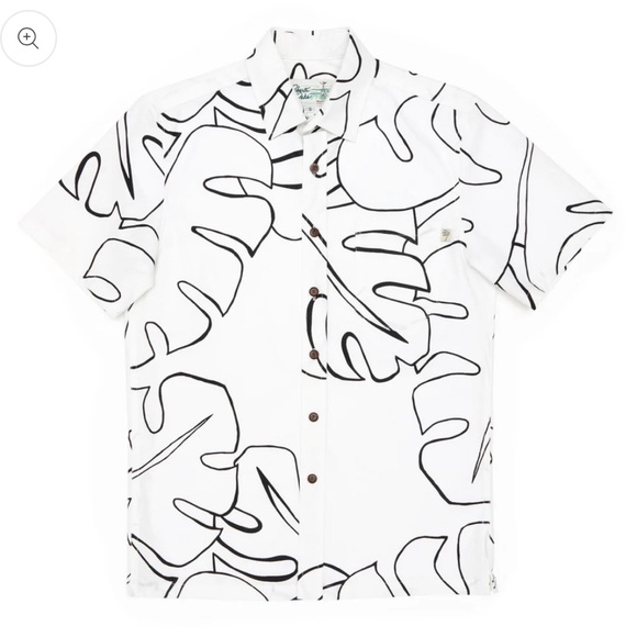 Roberta Oaks abstract monstera grey linen men’s button up aloha shirt. Size XL - Picture 4 of 13